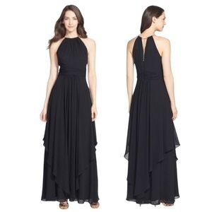 Eliza J Black Chiffon Maxi Dress with Halter Neck and Gold Collar Detail Size 2